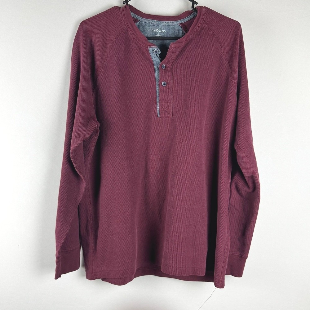 Lands' End‎ Tee Shirt Men's Red Henley Size Large Casual Long Sleeve Pullover